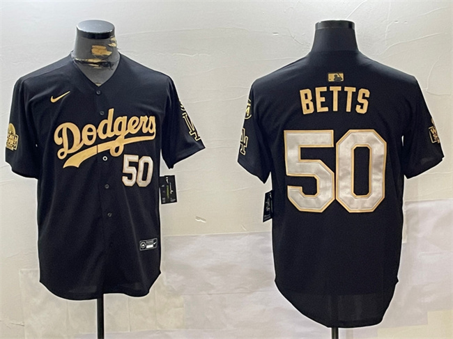Men's Black/Gold Los Angeles Dodgers #50 Mookie Betts 2024 World Series With Fernando Memorial Patch Limited Stitched Baseball Jersey
